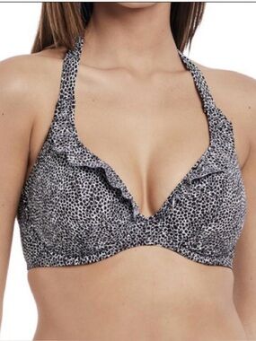 Freya Black and White Leopard-Print Halter Bikini Top 38G NWT RUN WILD